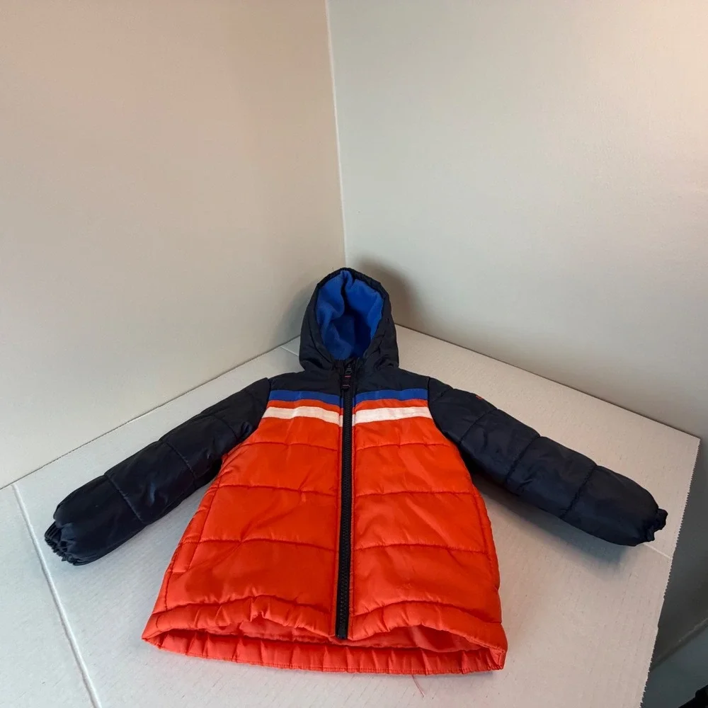 Oshkosh‎ B'Gosh Puffer Jacket Blue Orange White Hooded Full Zip 2T